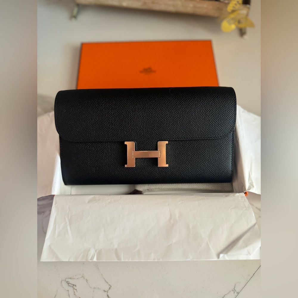 -SOLD- Hermes Constance Wallet To Go Black Epsom Leather Rose Gold Hardware New
